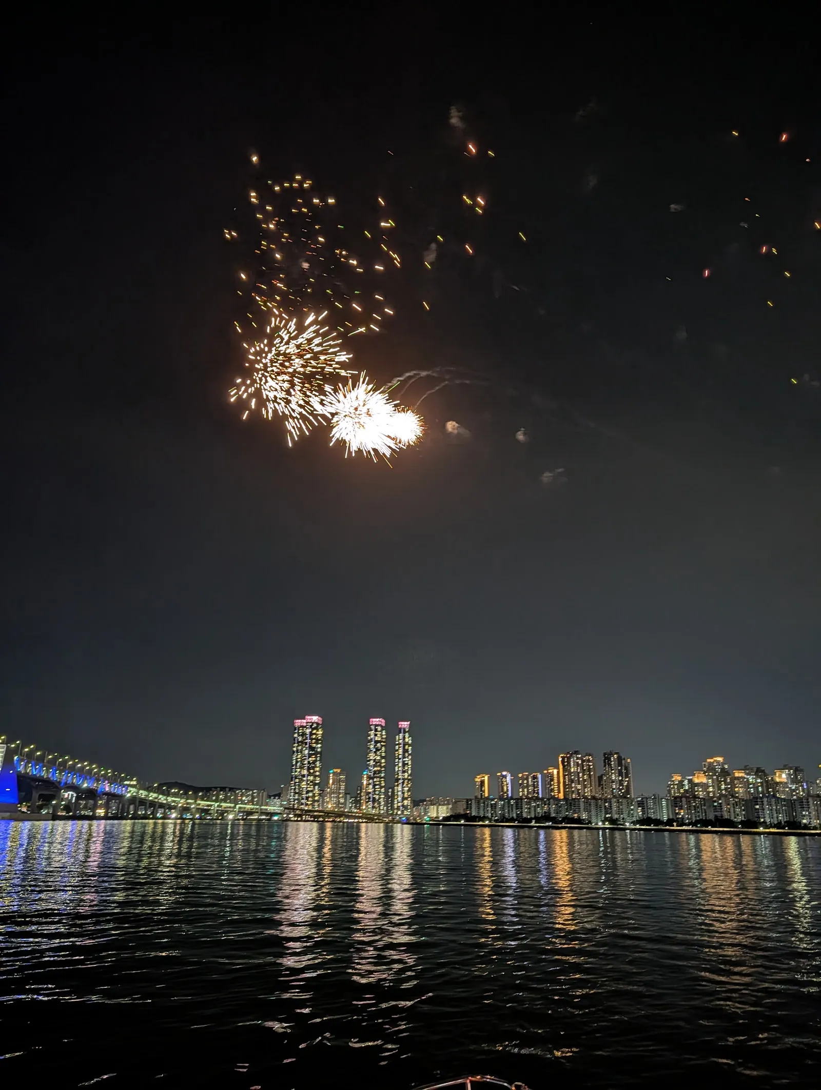 Fuegos artificiales sobre la bahía durante el paseo en barco
