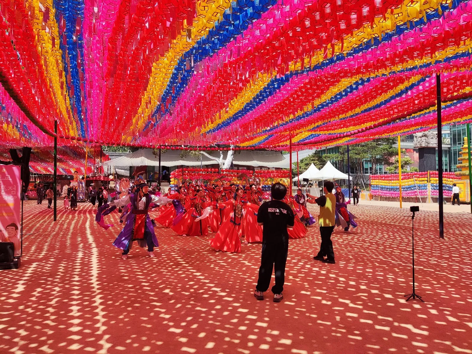 Ensayo del baile bajo el techo de farolillos rojos del templo Jogyesa